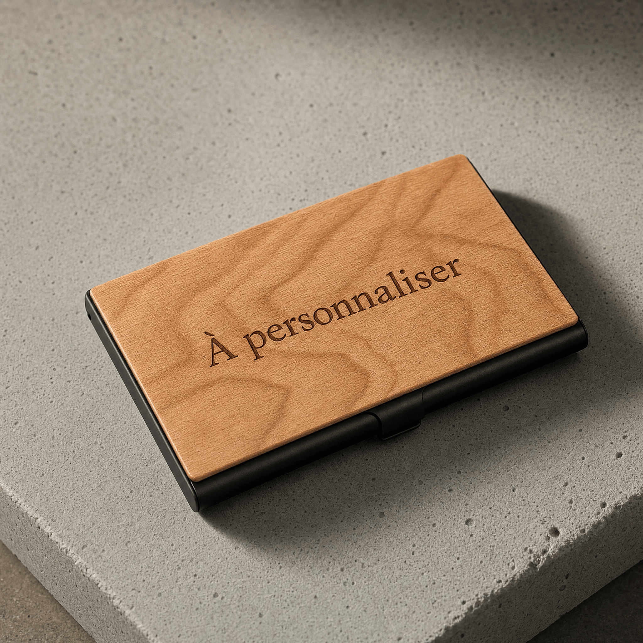 porte-cartes homme bois merisier gravable acier noir