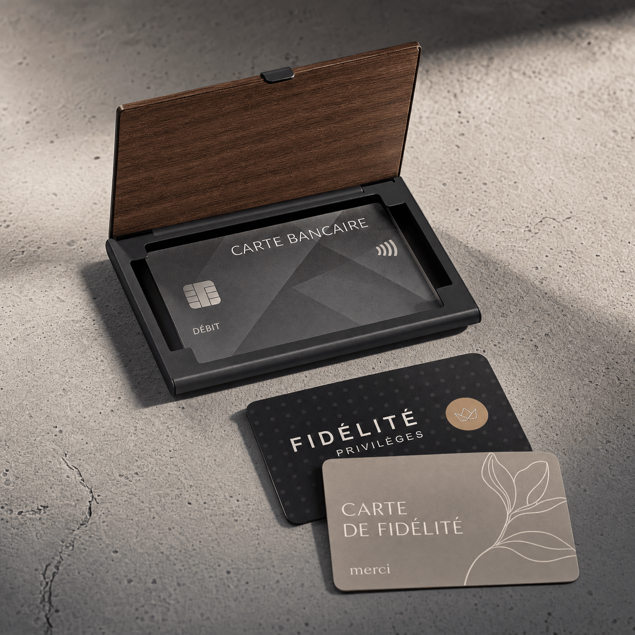 porte-cartes homme bois acier noir ouvert cartes