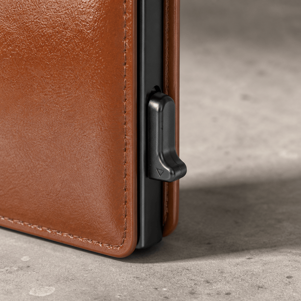 Porte-cartes homme camel poussoir coulissant détail
