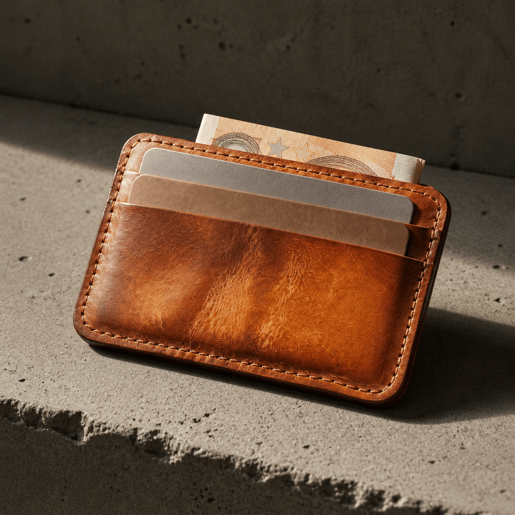 Porte-cartes cuir homme camel avec cartes et billet euro