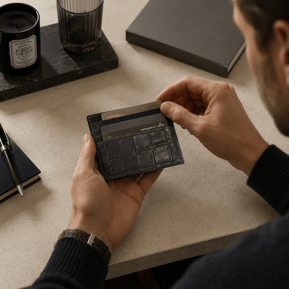 porte-cartes homme cuir crocodile noir en main