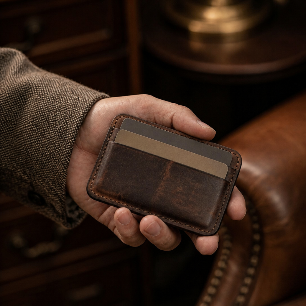 Porte-cartes homme cuir marron tenu en main