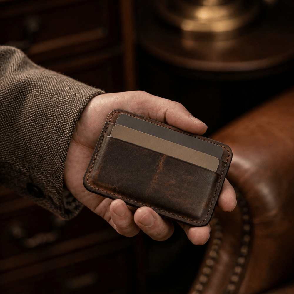 Porte-cartes homme cuir marron tenu en main