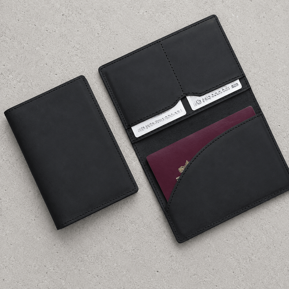 Porte-cartes homme cuir poche passeport ouvert noir