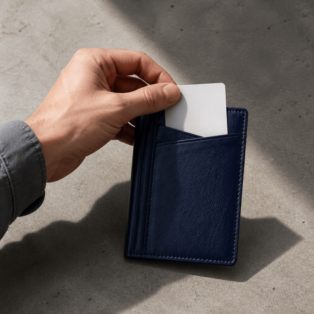 Porte-cartes homme en cuir bleu, carte glissée dans la poche avant
