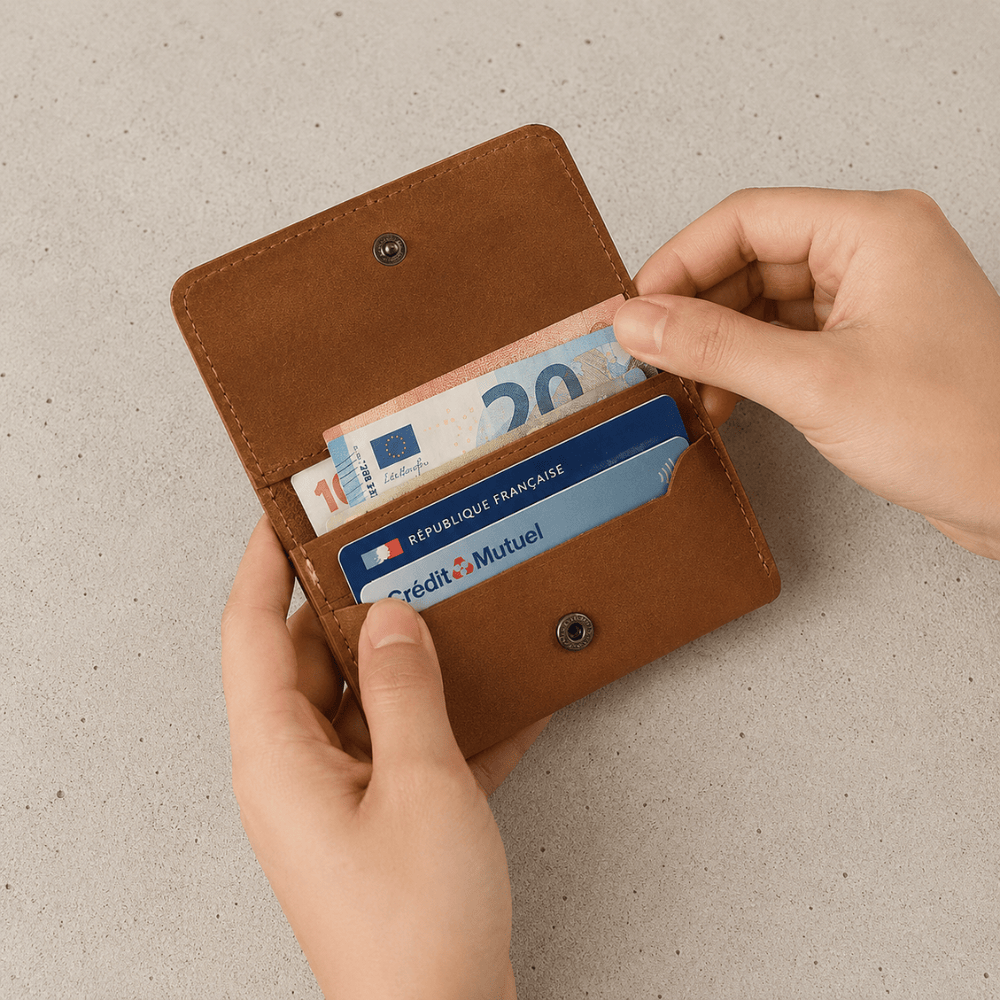 Porte-cartes homme cuir camel tenu en main avec cartes et billets