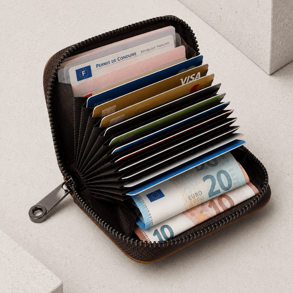 Porte-cartes homme éventail déployé multi-cartes et billets