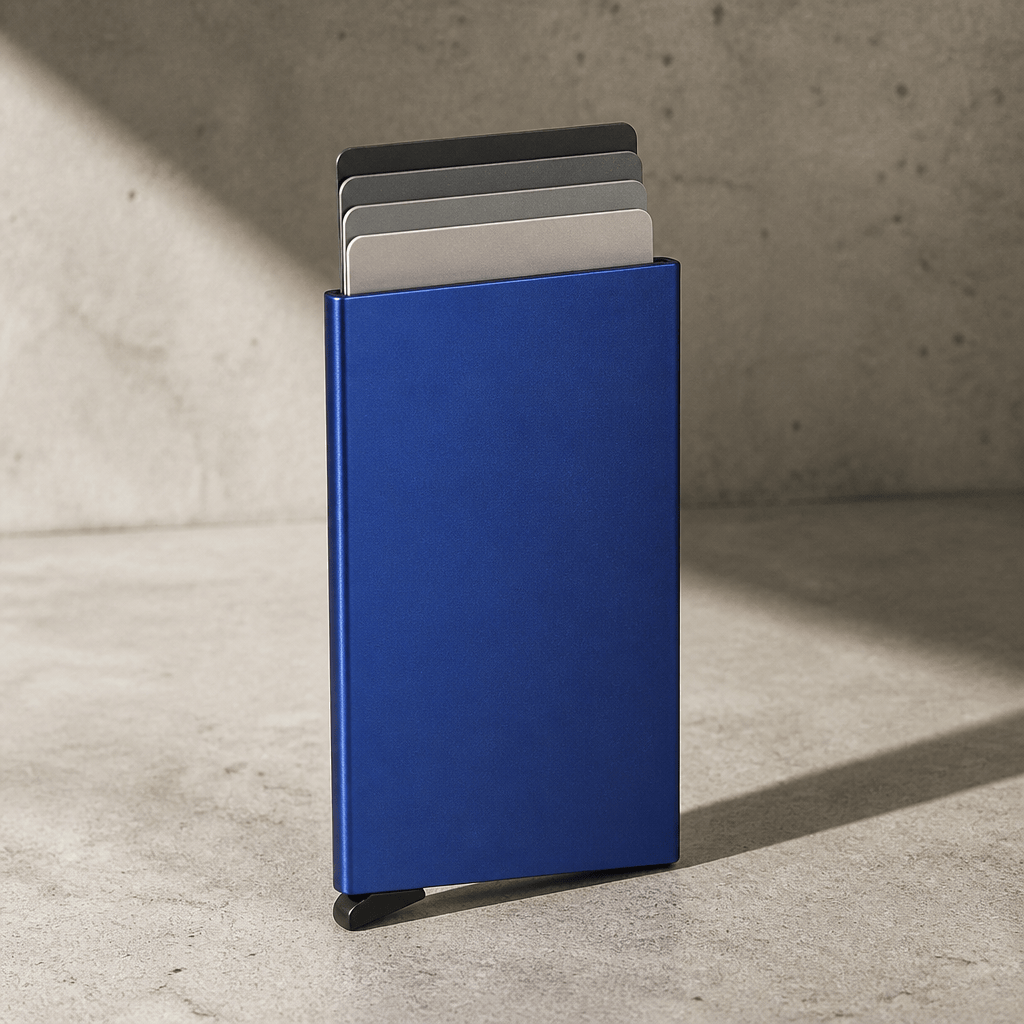 Porte-cartes homme en métal bleu, boîtier slim à éjection