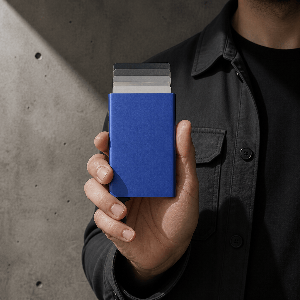 Homme utilisant un porte-cartes métal bleu à éjection