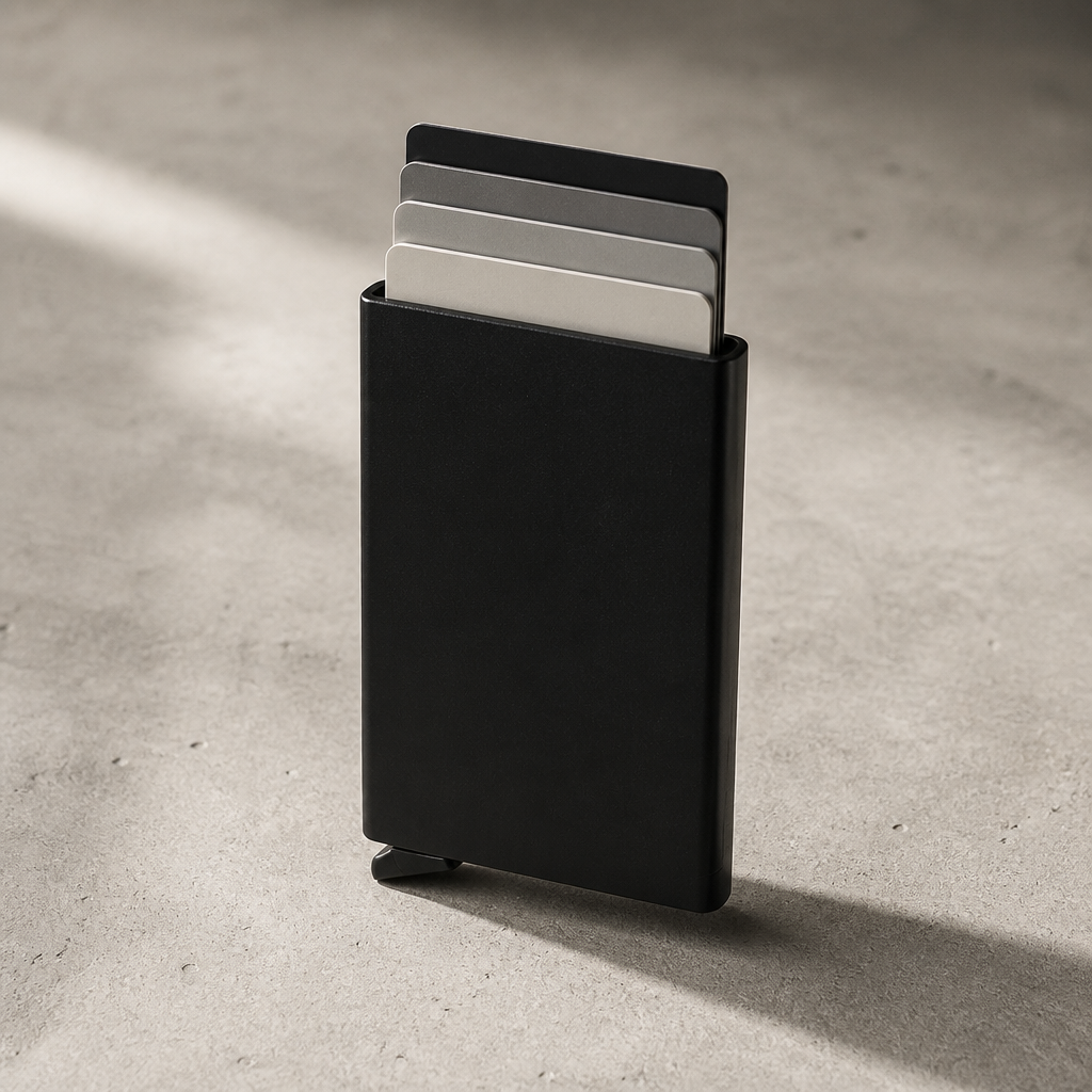 Porte-cartes homme en métal anodisé noir, cartes en éventail