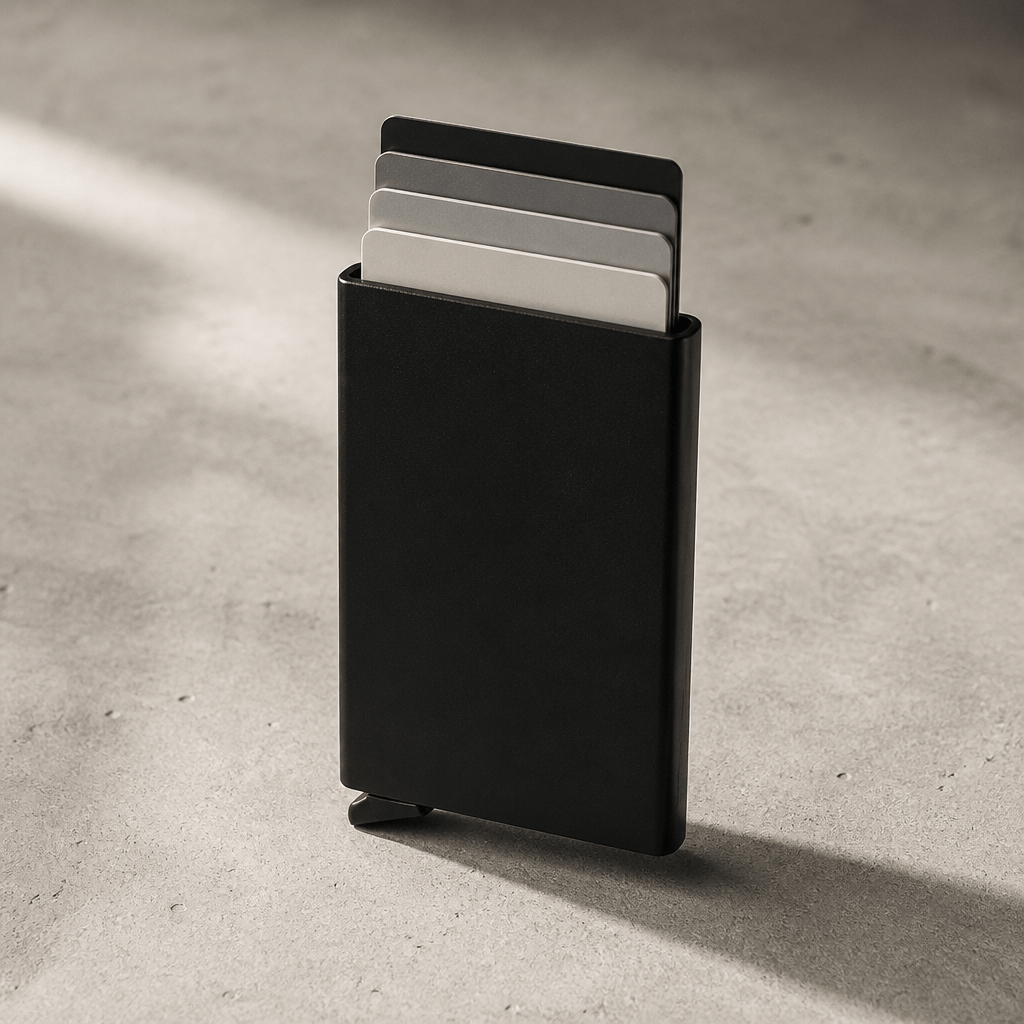 Porte-cartes homme en métal anodisé noir, cartes en éventail