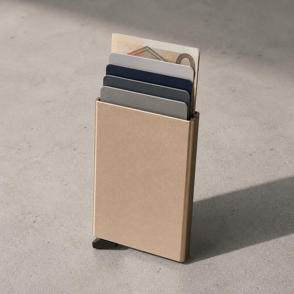 Porte-cartes métal or, cartes déployées et billet en euros
