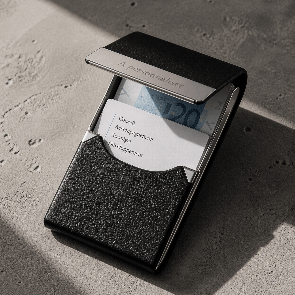 Intérieur du porte-cartes de visite avec cartes et clapet aimanté