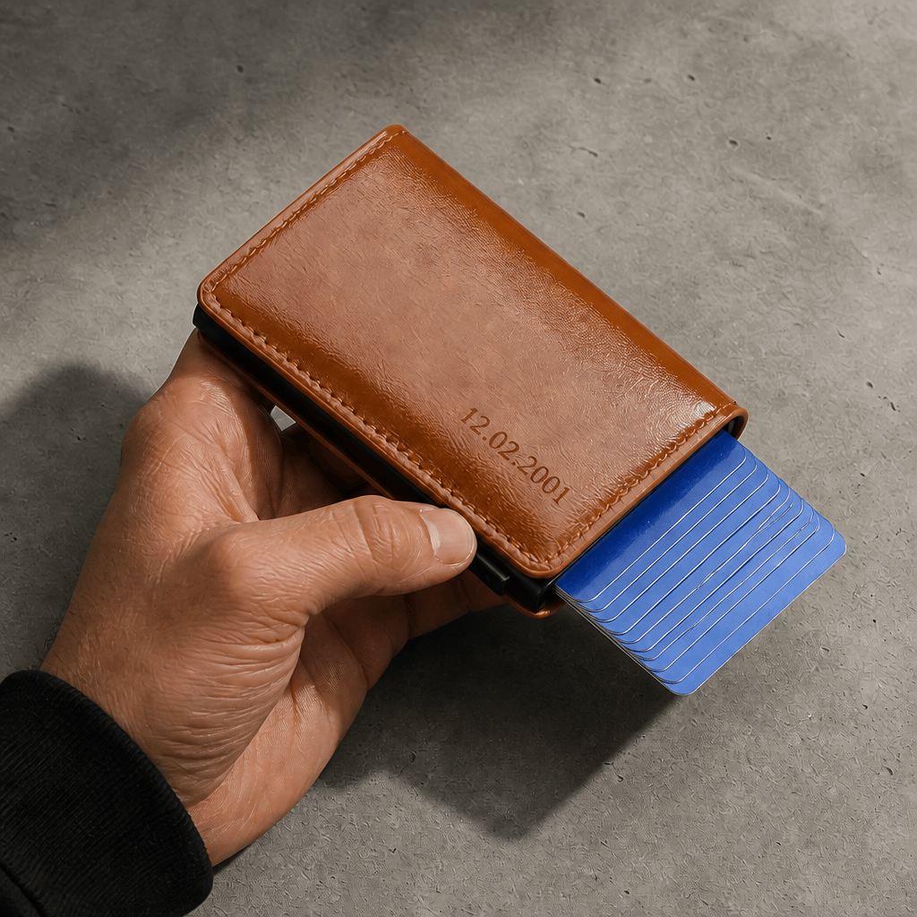 Porte-cartes coulissant homme RFID camel cartes en main