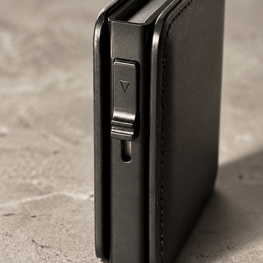 Porte-cartes homme RFID noir poussoir latéral métal