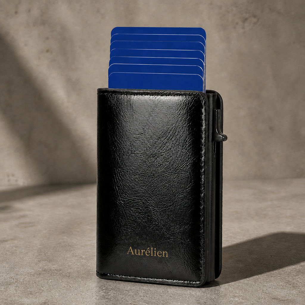 Porte-cartes homme RFID personnalisé noir gravé à éjection