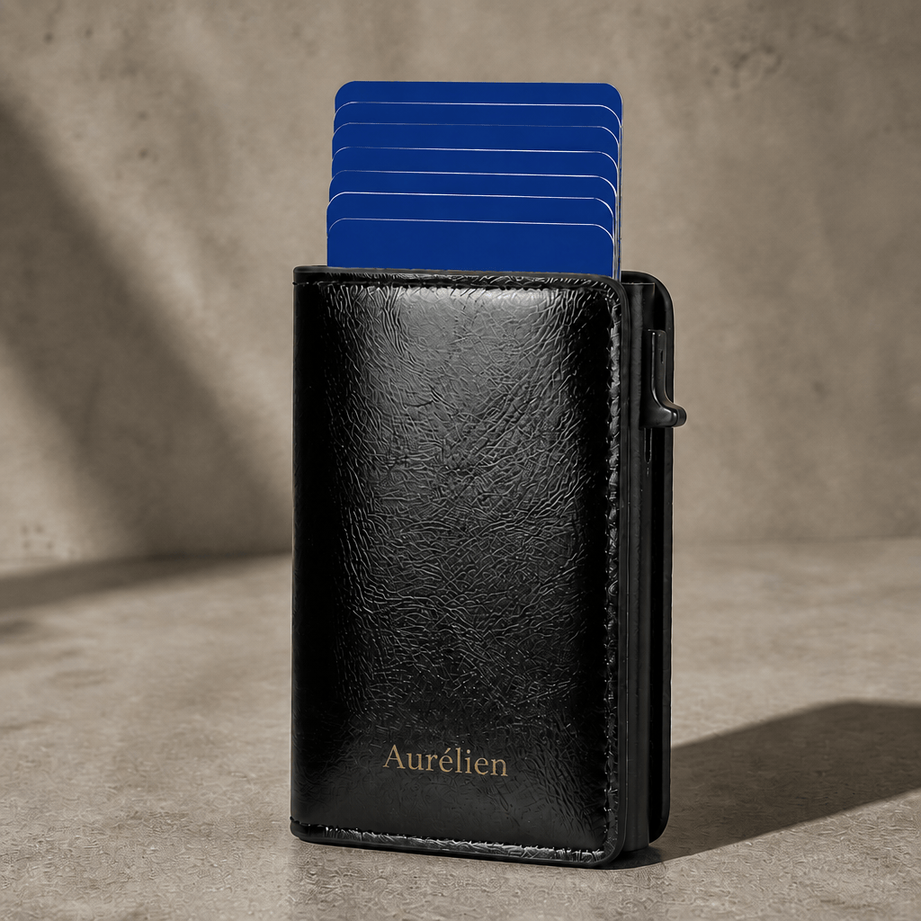 Porte-cartes homme RFID personnalisé noir gravé à éjection