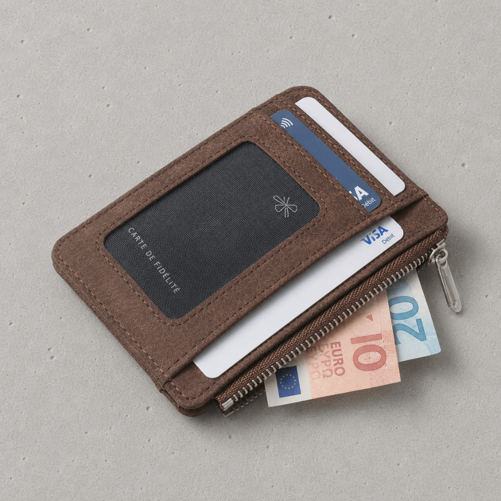 Porte-cartes zippé marron ouvert, logements cartes et poche zippée