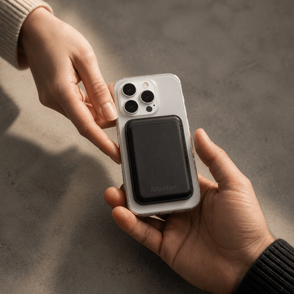 porte-cartes magsafe homme personnalisé cadeau gravé iphone