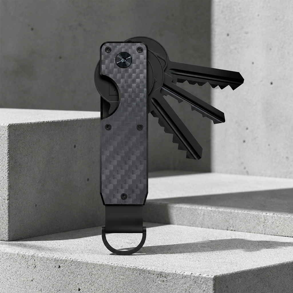 Porte-clés organisateur finition effet carbone, motif tissé anthracite, clés dépliées (clés non fournies)