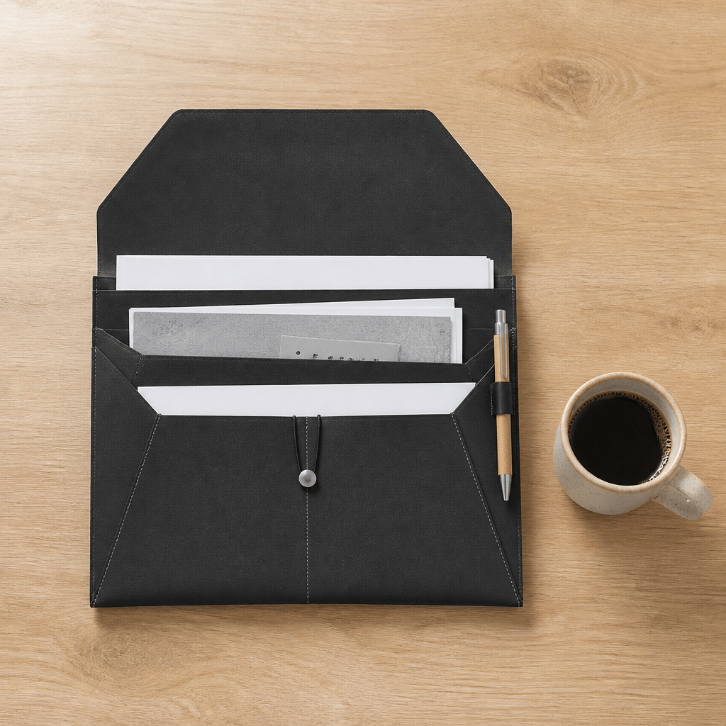 Porte-document A4 noir posé ouvert sur un bureau, trois compartiments (visuel illustratif)