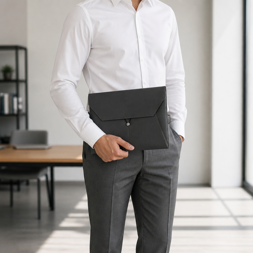 Homme tenant le porte-document A4 noir à trois compartiments et cordon élastique