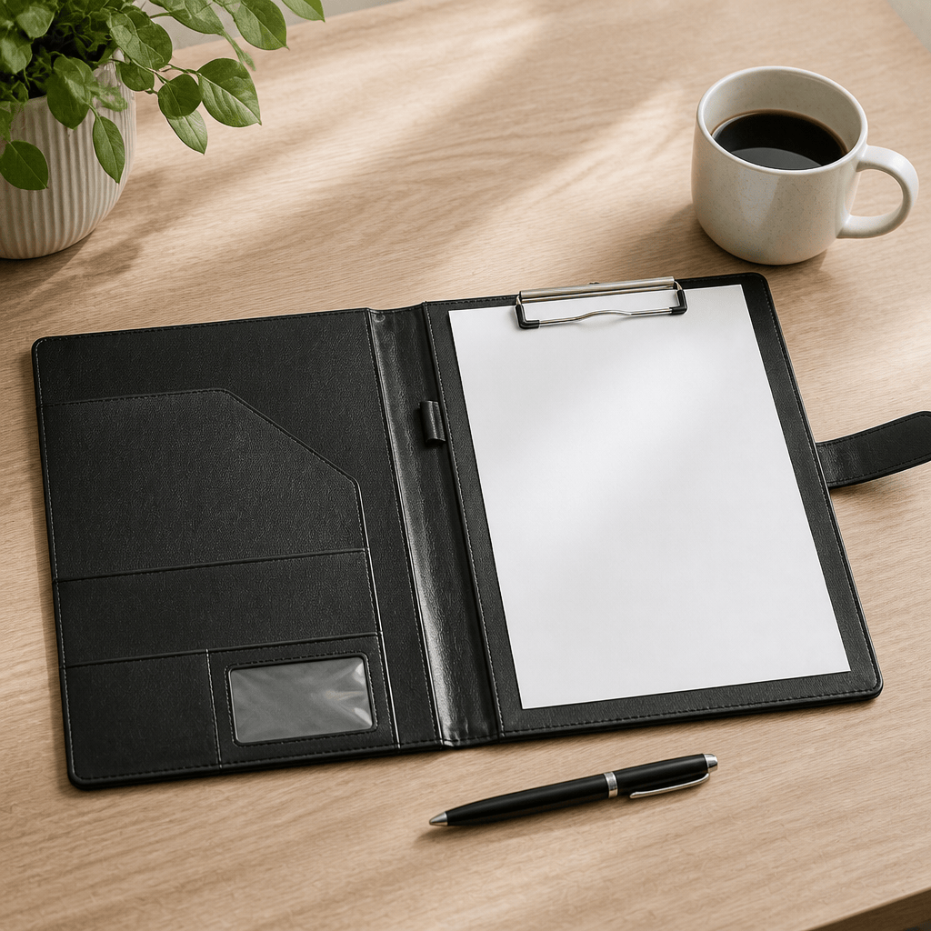Porte-document A4 conférencier noir posé ouvert sur un bureau, pince métallique et pochette (visuel illustratif)