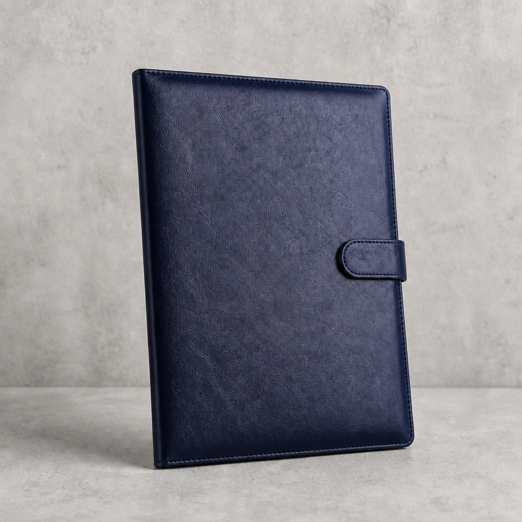 Porte-document A4 conférencier en simili cuir bleu marine, fermé