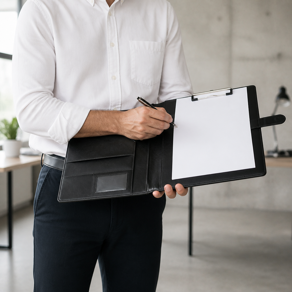 Homme en chemise blanche écrivant sur un porte-document A4 conférencier noir ouvert, tenu au bras