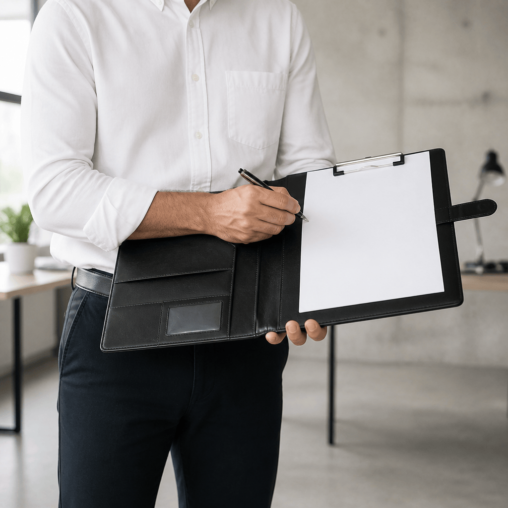 Homme en chemise blanche écrivant sur un porte-document A4 conférencier noir ouvert, tenu au bras