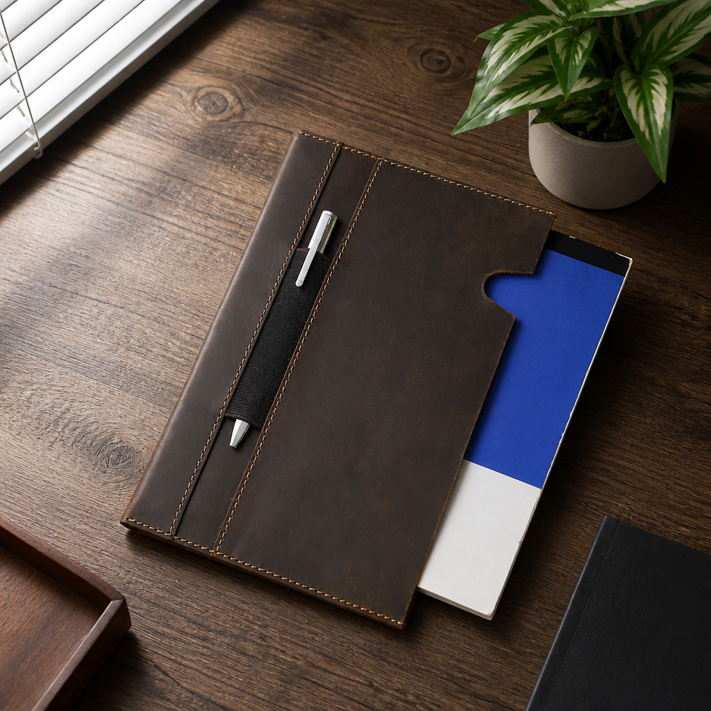 Porte-document A5 en cuir posé ouvert sur un bureau, carnet glissé sous le rabat