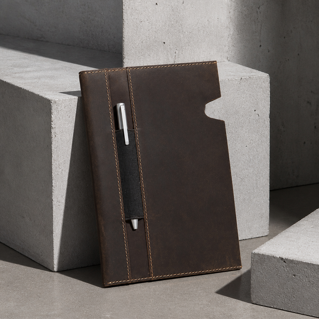 Porte-document A5 en cuir de vachette marron, étui à carnet avec passant à stylo