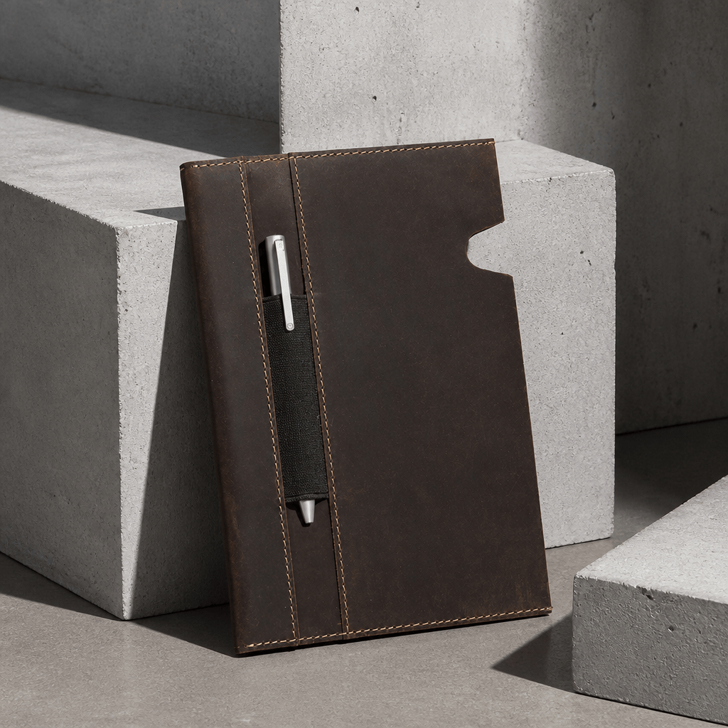 Porte-document A5 en cuir de vachette marron, étui à carnet avec passant à stylo