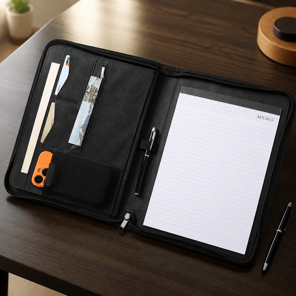 Porte-document bloc-notes A4 ouvert sur un bureau, emplacement bloc-notes et porte-téléphone visibles