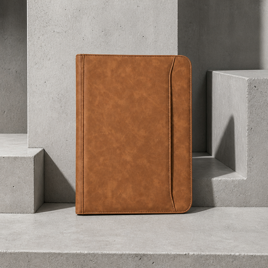 Porte-document bloc-notes A4 en similicuir marron, fermé, vue packshot