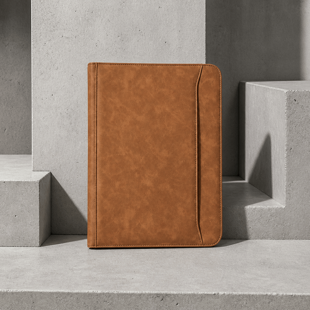 Porte-document bloc-notes A4 en similicuir marron, fermé, vue packshot