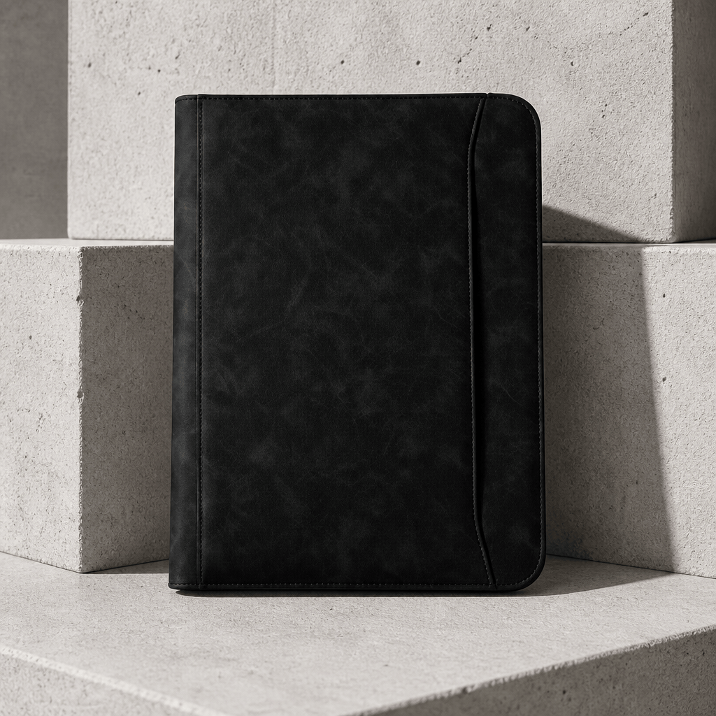 Porte-document bloc-notes A4 en similicuir noir, fermé, vue packshot