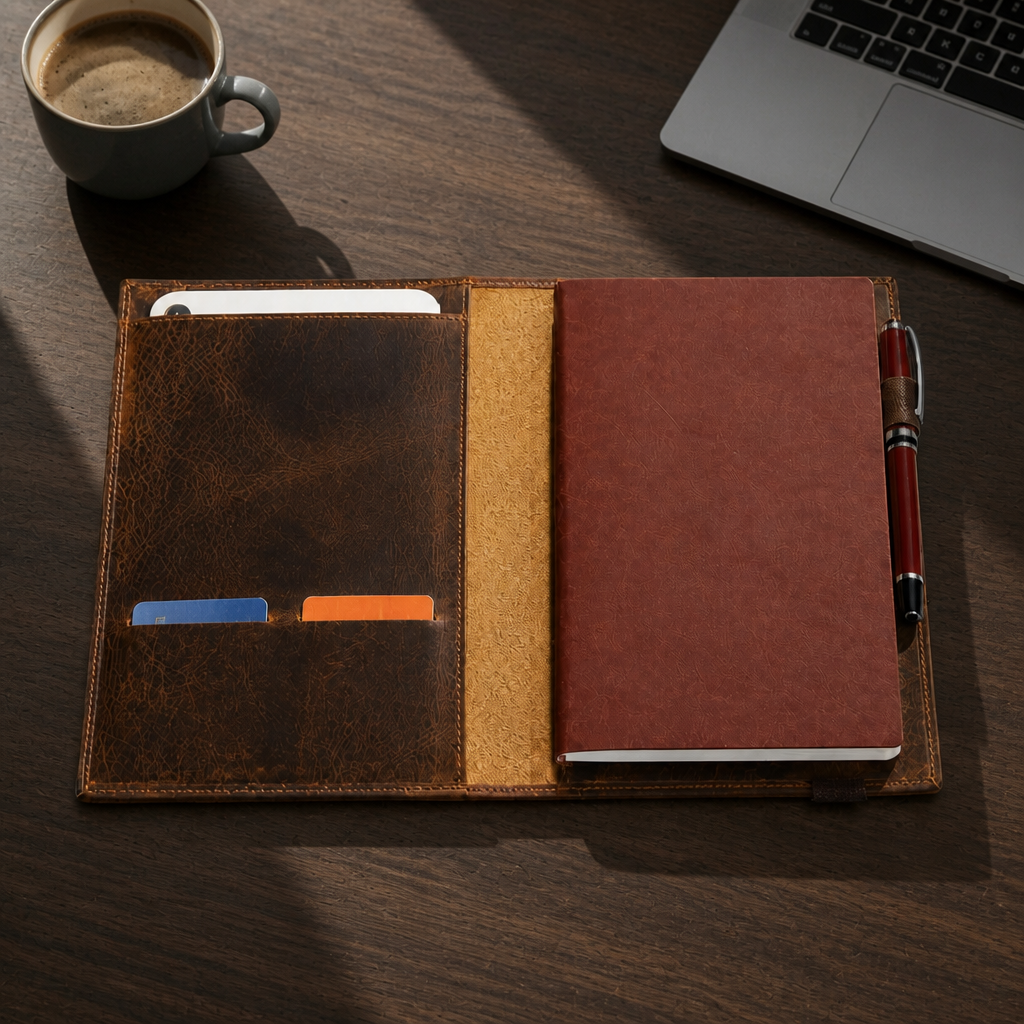 Porte-document cuir A5 ouvert à plat sur un bureau, carnet et stylo en place