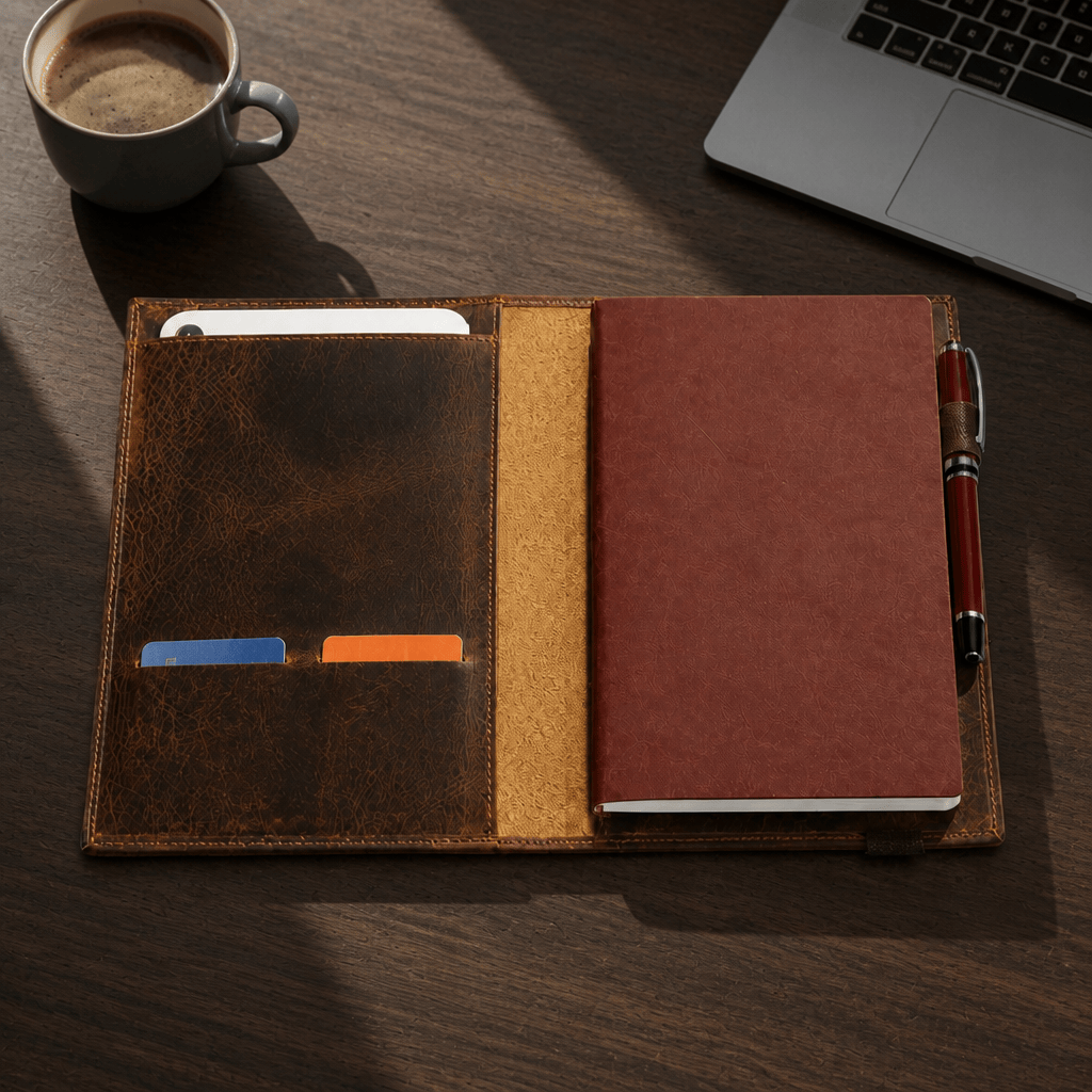 Porte-document cuir A5 ouvert à plat sur un bureau, carnet et stylo en place