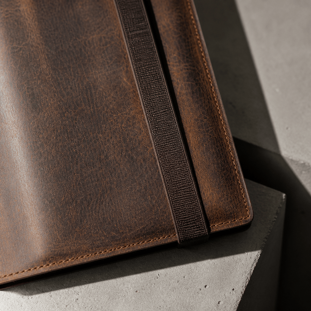 Grain du cuir de vachette véritable marron et sangle élastique du porte-document A5