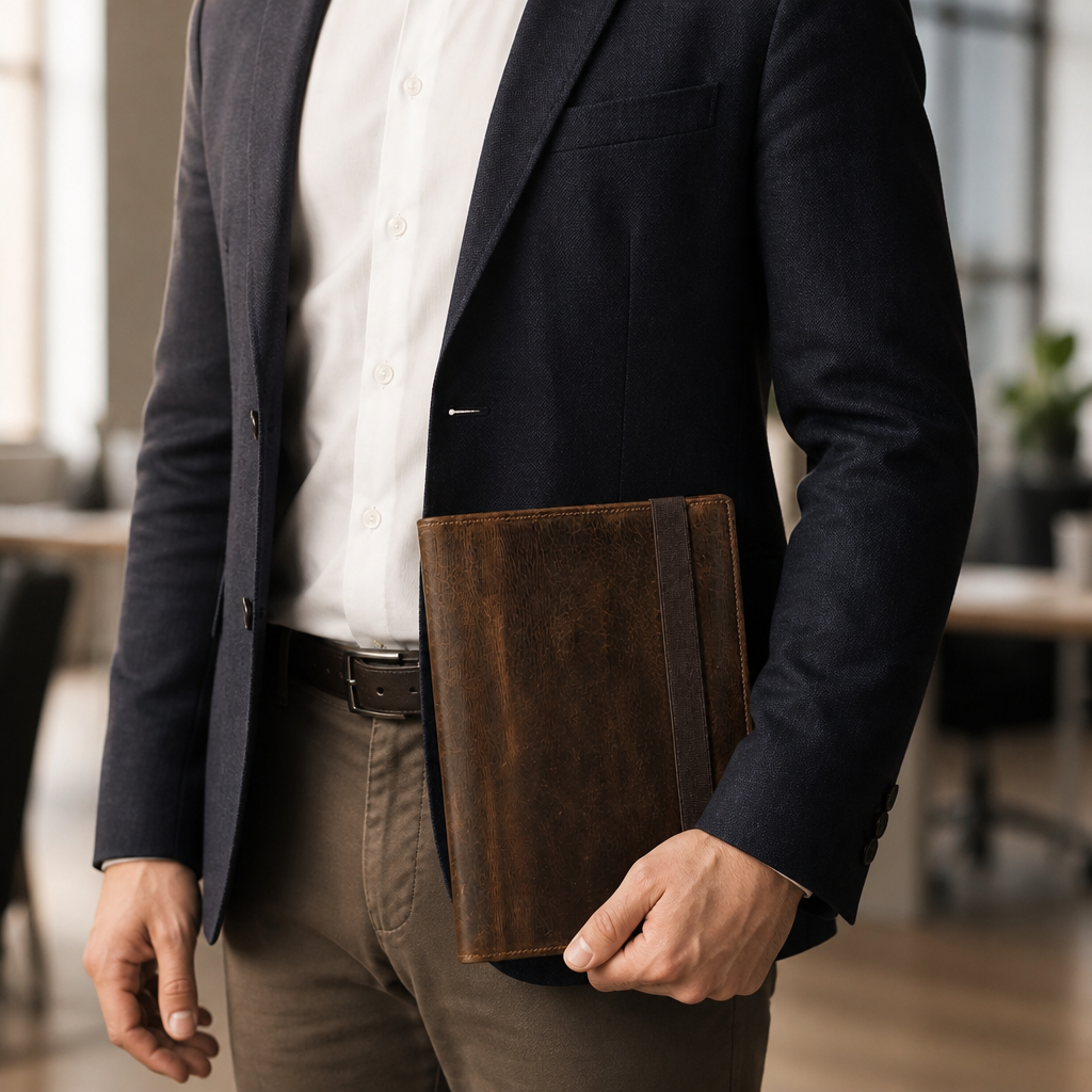 Homme en veste tenant à la main le porte-document en cuir A5 marron fermé