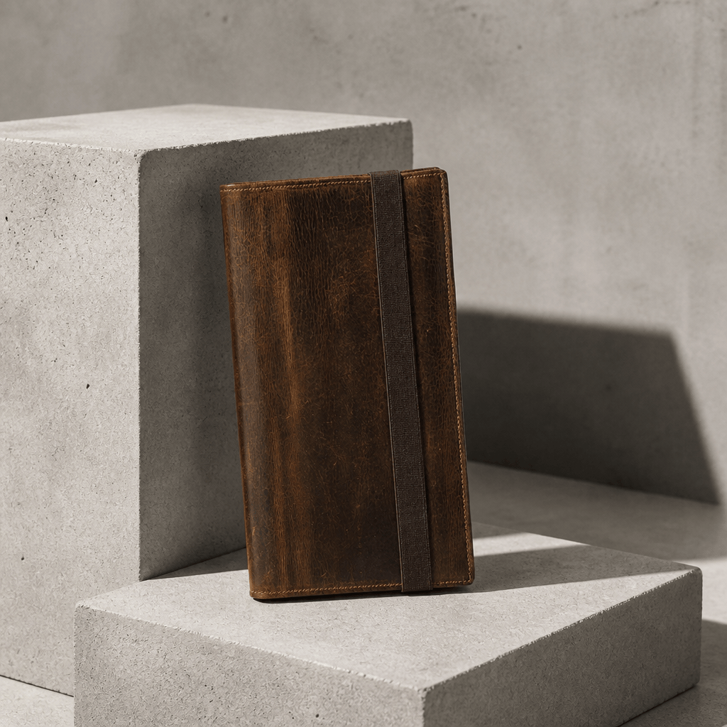 Porte-document en cuir de vachette marron A5 fermé, sangle élastique verticale