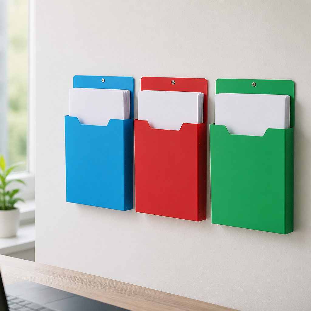 Trois porte-documents muraux bleu, rouge et vert vissés au mur, remplis de documents A4