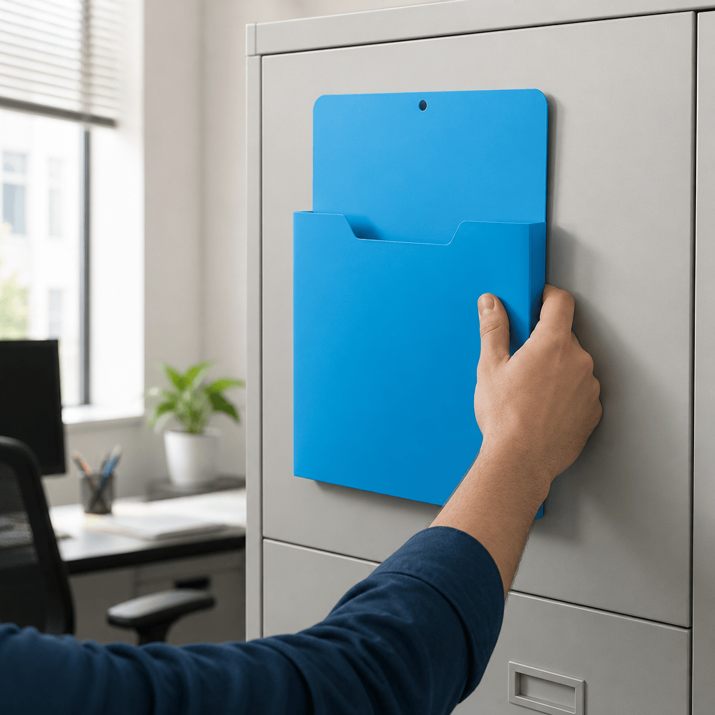 Porte-document mural aimanté sur une armoire métallique