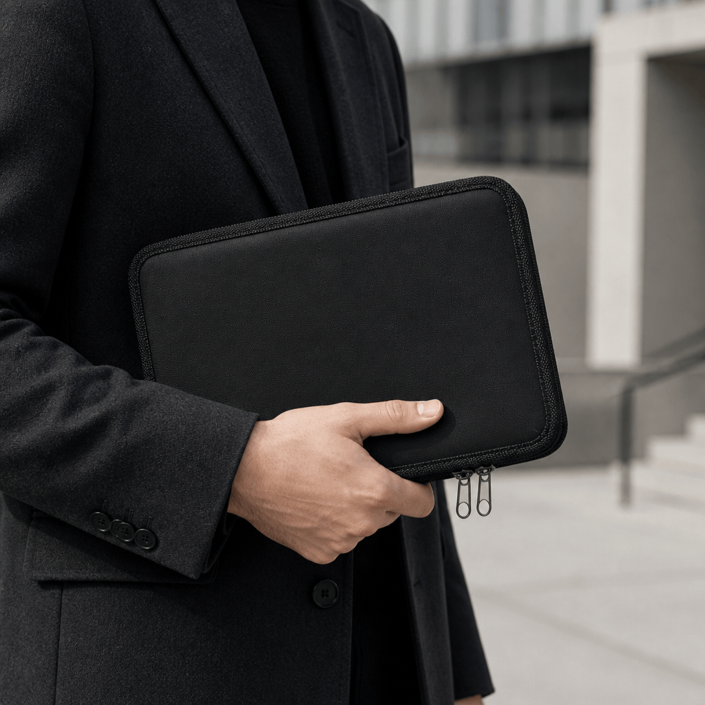 Homme tenant le porte-document organisateur accordéon compact en ville