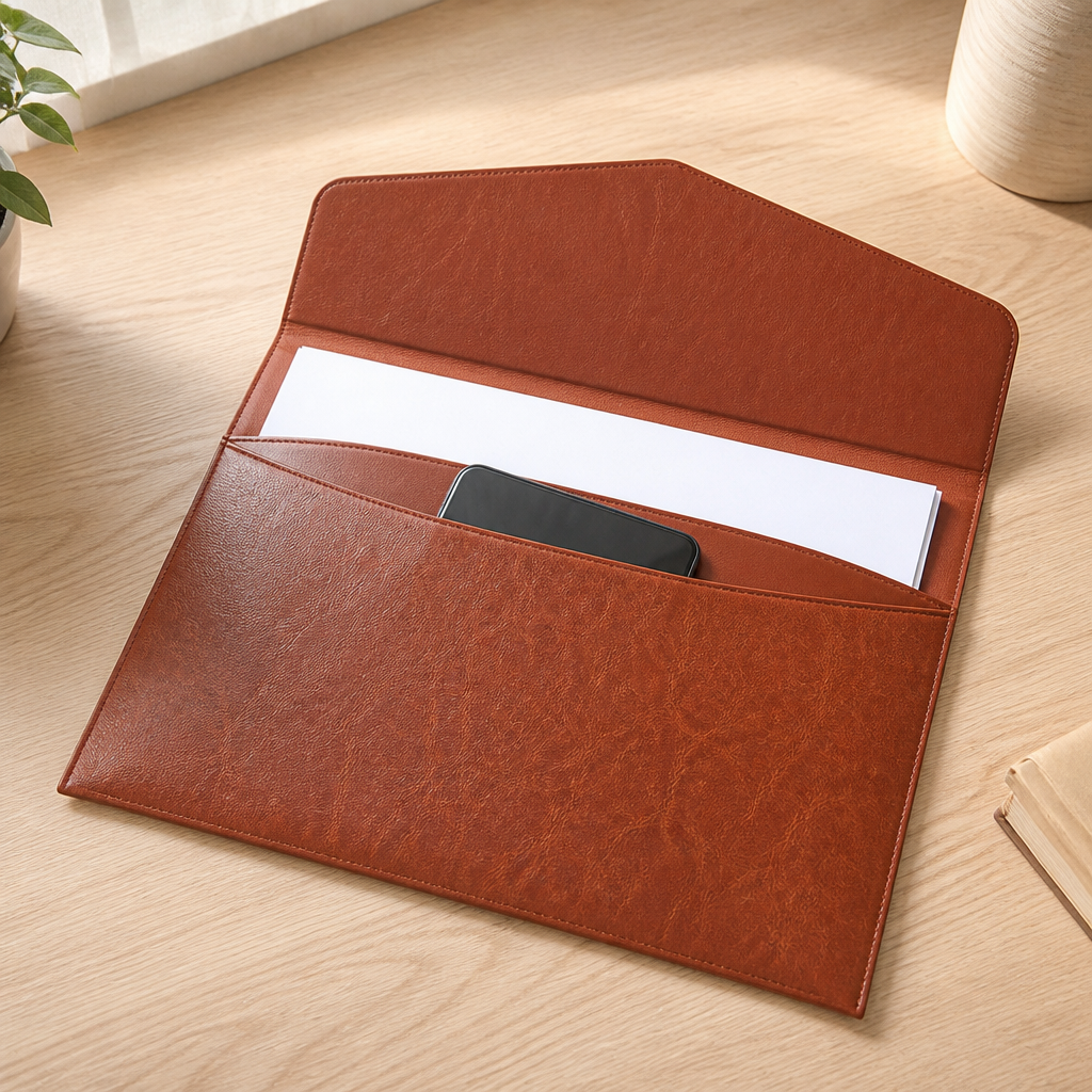 Porte-document papier A4 posé ouvert sur un bureau, poche intérieure visible, visuel illustratif