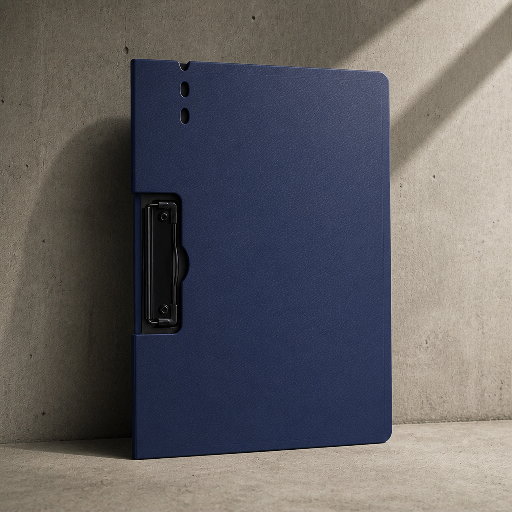 Porte-document à pince A4 bleu avec couverture rabattable, fermé, posé sur béton