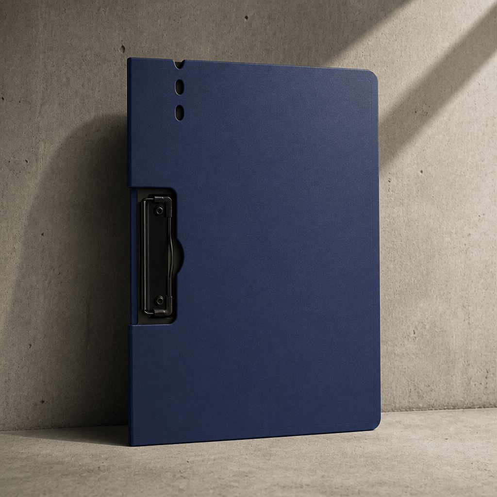 Porte-document à pince A4 bleu avec couverture rabattable, fermé, posé sur béton