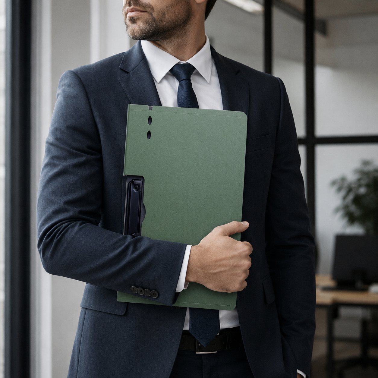Homme en costume tenant le porte-document à pince A4 vert sous le bras au bureau