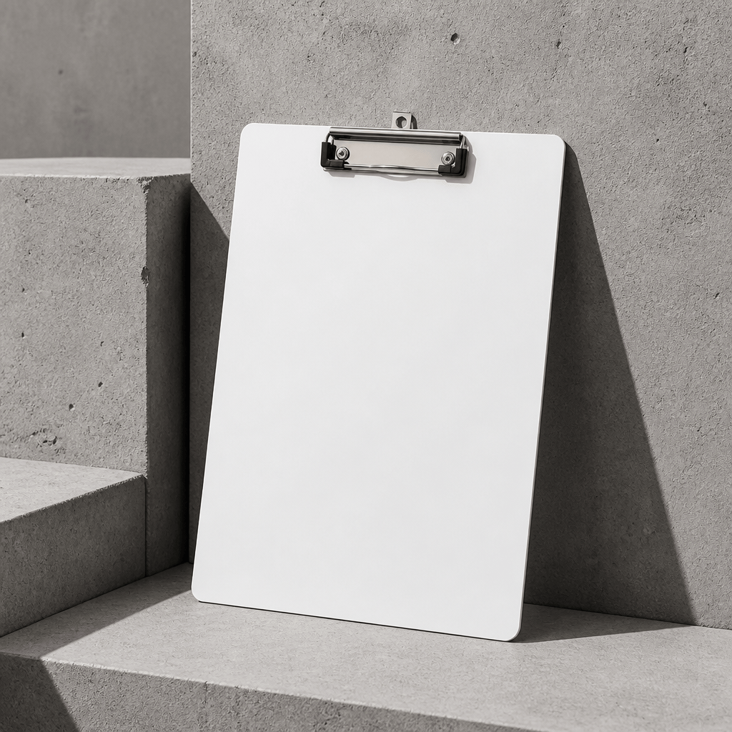 Porte-document rigide A4 blanc, porte-bloc fin à pince, sur fond béton